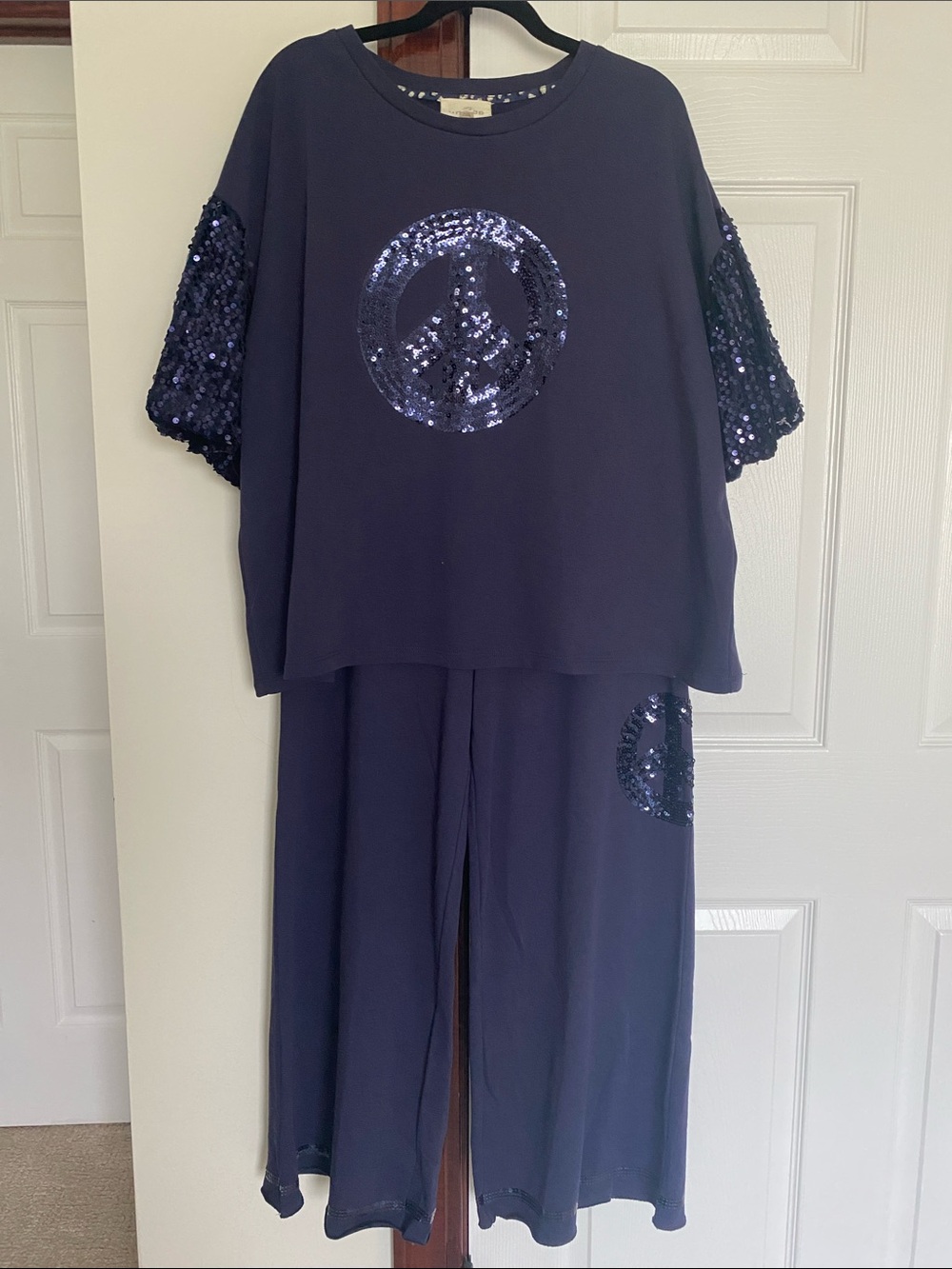 Umgee Navy Sequin Peace Sign Wide-Leg Jumpsuit Set